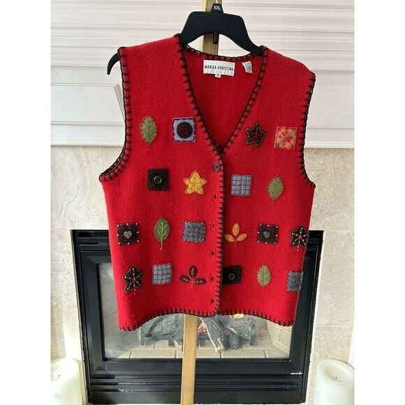 Marisa Christina Christmas Vest 100% Wool Red Patchwork Size Medium. - Picture 1 of 8